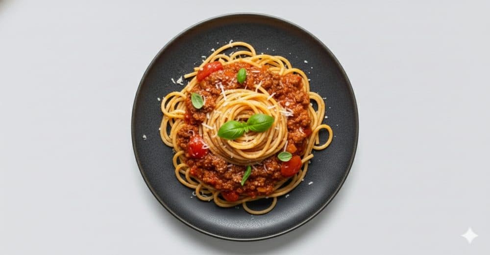 Frisch gekochte Spaghetti Bolognese, warm angeliefert